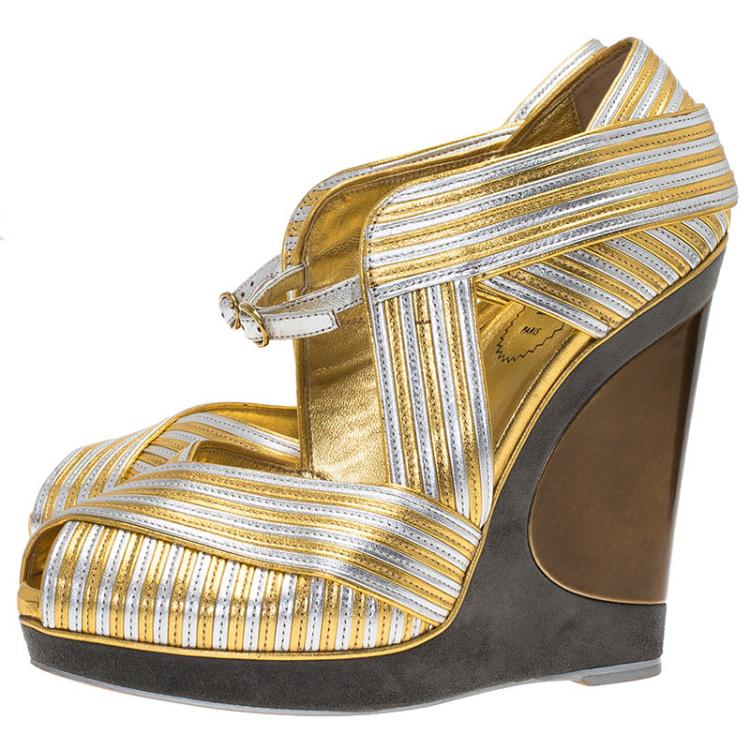 Pre Owned Saint Laurent Paris Gold and Silver Leather Strappy Platform Wedge Sandals Size 38