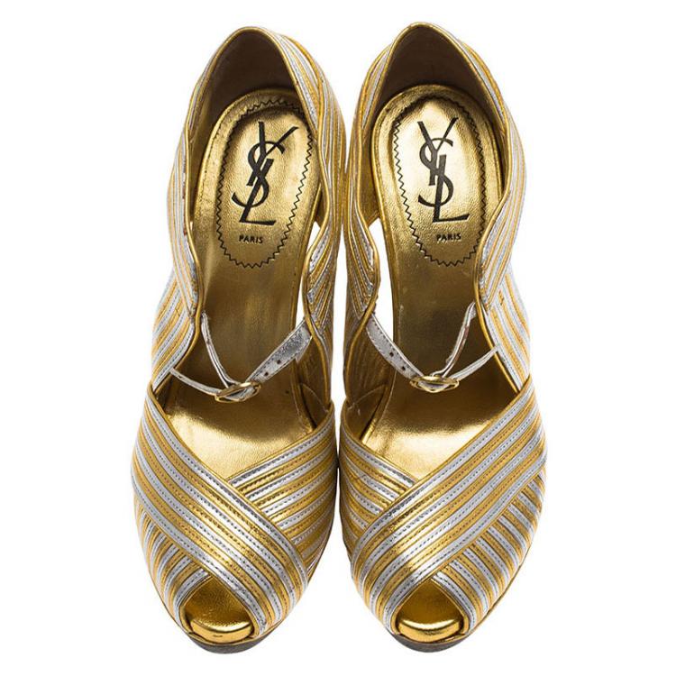 Pre Owned Saint Laurent Paris Gold and Silver Leather Strappy Platform Wedge Sandals Size 38