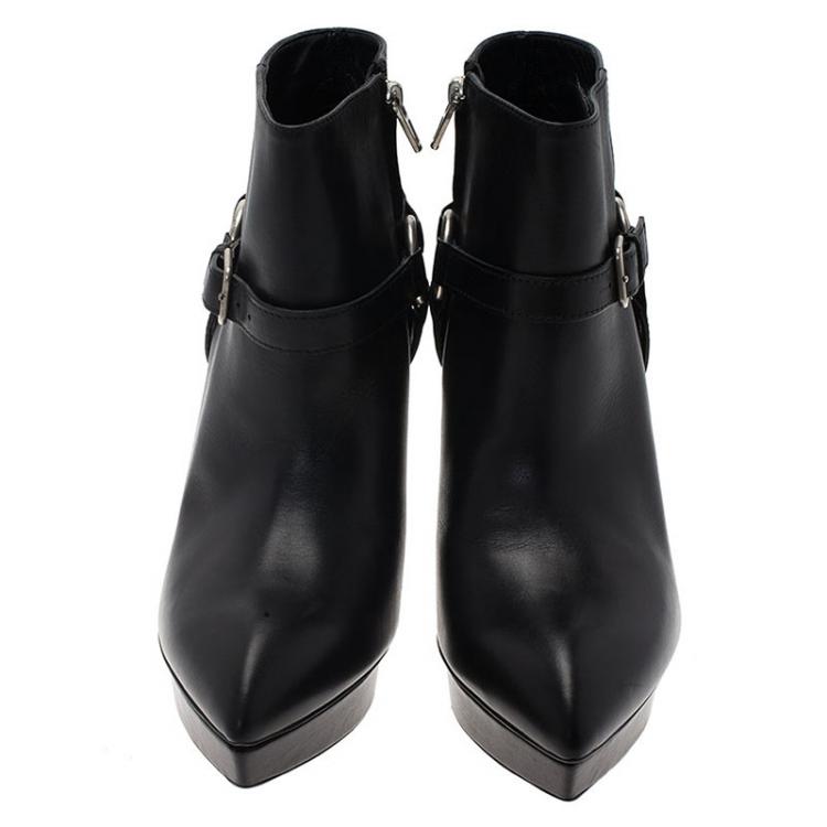 Pre Owned Saint Laurent Paris Black Leather Janis Harness Platform Ankle Boots Size 41