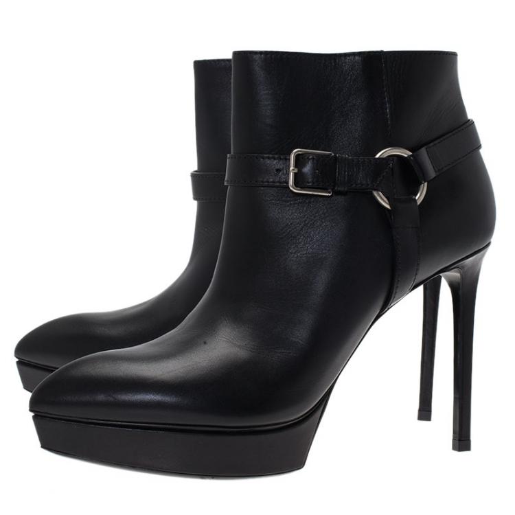 Pre Owned Saint Laurent Paris Black Leather Janis Harness Platform Ankle Boots Size 41