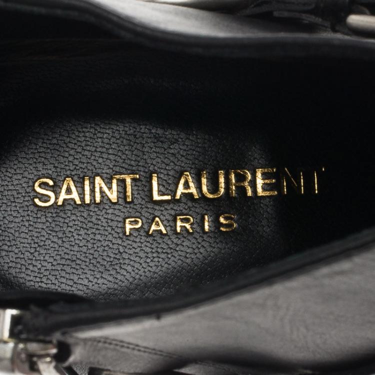 Pre Owned Saint Laurent Paris Black Leather Janis Harness Platform Ankle Boots Size 41