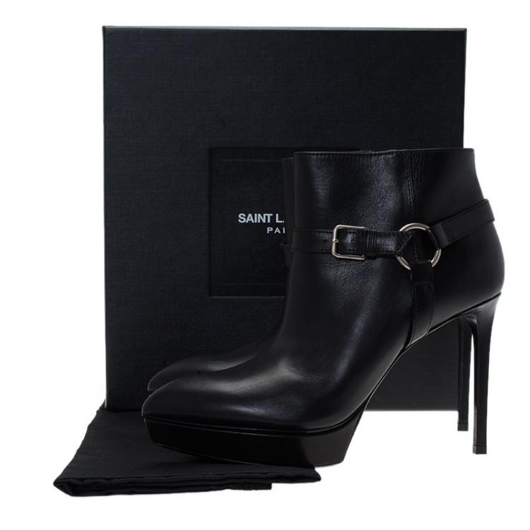 Pre Owned Saint Laurent Paris Black Leather Janis Harness Platform Ankle Boots Size 41