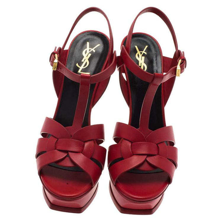 Pre Owned Saint Laurent Paris Red Leather Tribute Platform Sandals Size 39