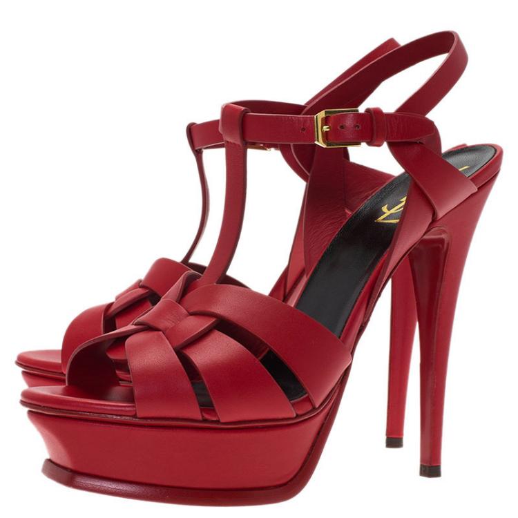 Pre Owned Saint Laurent Paris Red Leather Tribute Platform Sandals Size 39