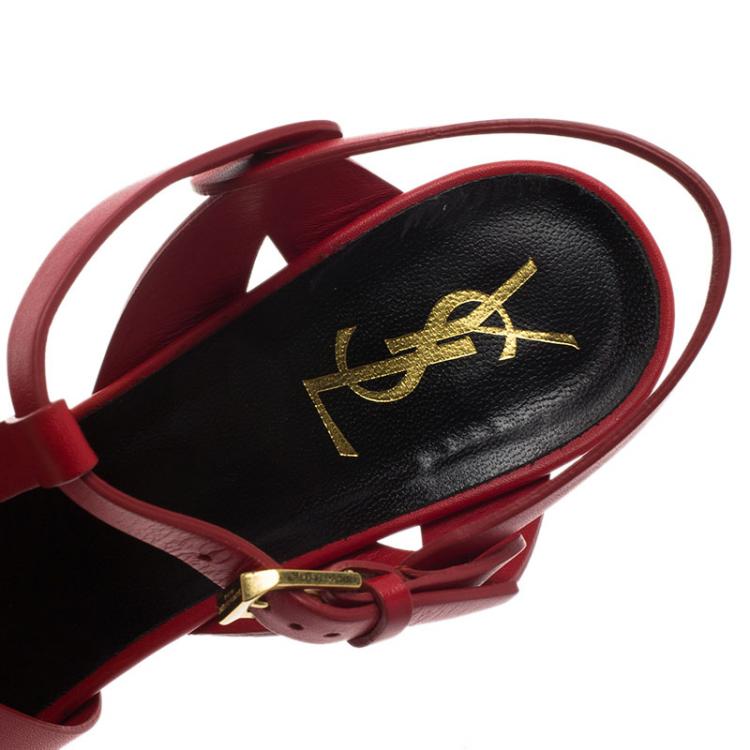 Pre Owned Saint Laurent Paris Red Leather Tribute Platform Sandals Size 39