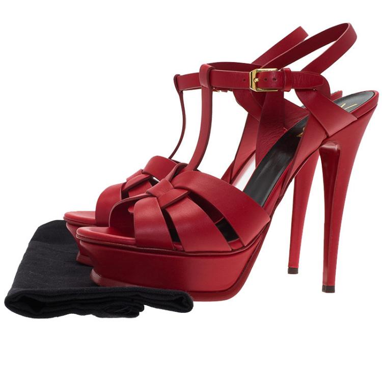 Pre Owned Saint Laurent Paris Red Leather Tribute Platform Sandals Size 39