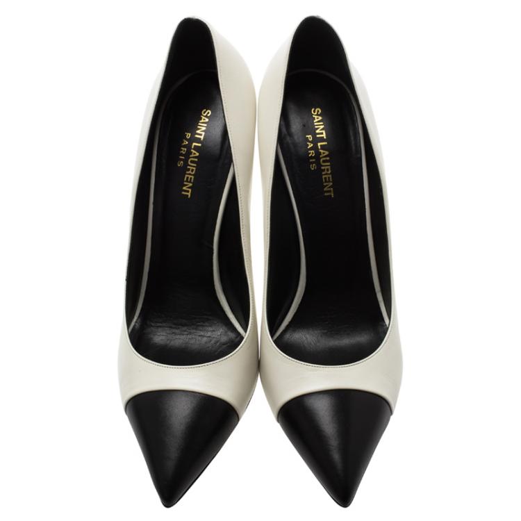 Pre Owned Saint Laurent Paris Two Tone Leather Cap Toe Pointed Pumps Size 41