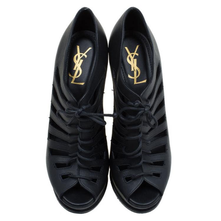 Pre Owned Saint Laurent Paris Black Leather Cut Out Hortense Wedge Boots Size 39.5