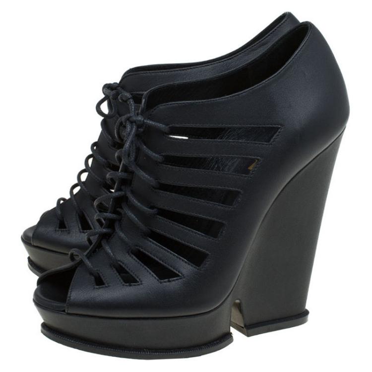Pre Owned Saint Laurent Paris Black Leather Cut Out Hortense Wedge Boots Size 39.5