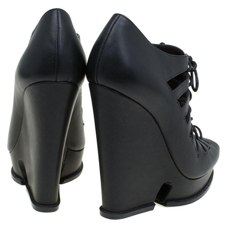 Pre Owned Saint Laurent Paris Black Leather Cut Out Hortense Wedge Boots Size 39.5