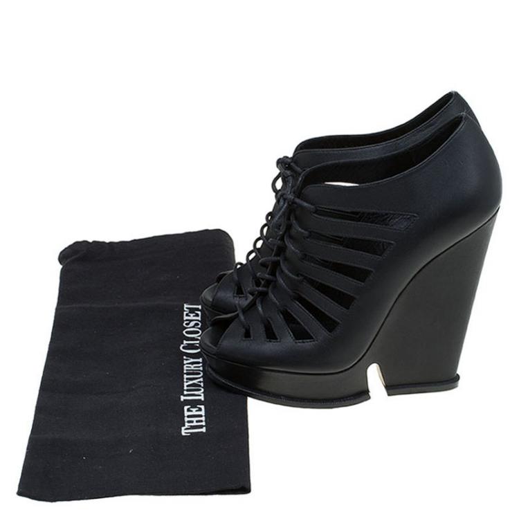 Pre Owned Saint Laurent Paris Black Leather Cut Out Hortense Wedge Boots Size 39.5