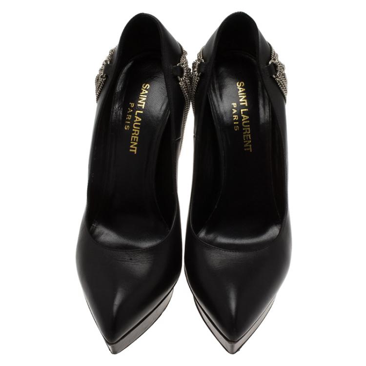 Pre Owned Saint Laurent Paris Black Leather Janis Chain Heel Platform Pumps Size 37.5