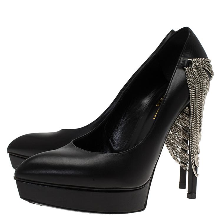Pre Owned Saint Laurent Paris Black Leather Janis Chain Heel Platform Pumps Size 37.5