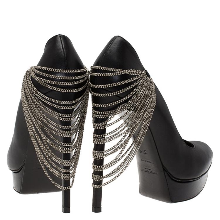Pre Owned Saint Laurent Paris Black Leather Janis Chain Heel Platform Pumps Size 37.5