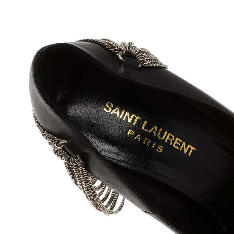 Pre Owned Saint Laurent Paris Black Leather Janis Chain Heel Platform Pumps Size 37.5