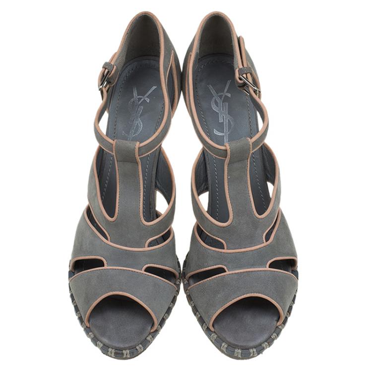 Pre Owned Saint Laurent Paris Grey Suede Platform Sandals Size 38.5
