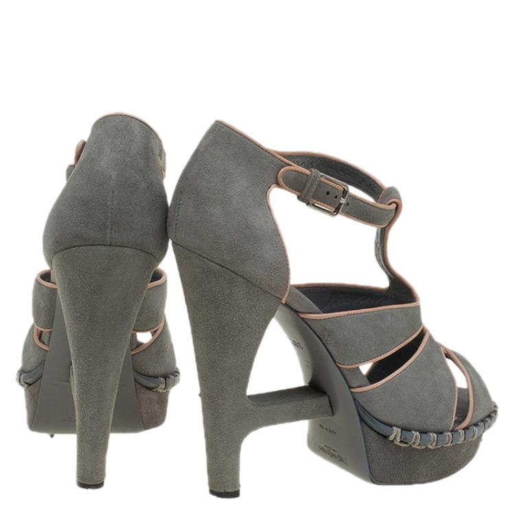 Pre Owned Saint Laurent Paris Grey Suede Platform Sandals Size 38.5