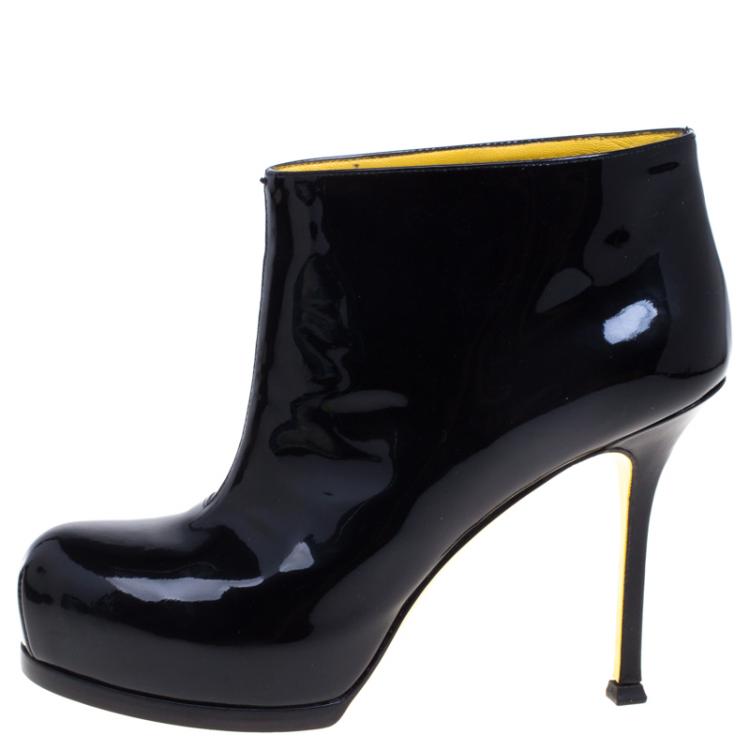 Pre Owned Saint Laurent Paris Black Patent Tribute Platform Ankle Boots Size 37