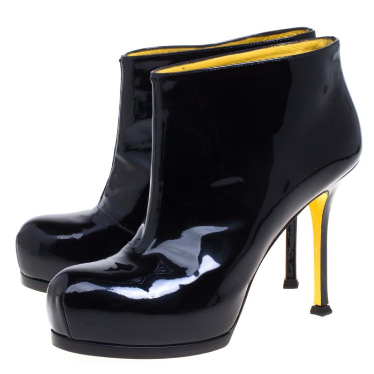 Pre Owned Saint Laurent Paris Black Patent Tribute Platform Ankle Boots Size 37