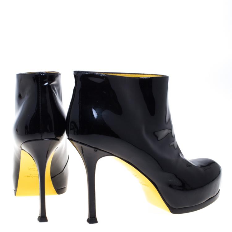 Pre Owned Saint Laurent Paris Black Patent Tribute Platform Ankle Boots Size 37
