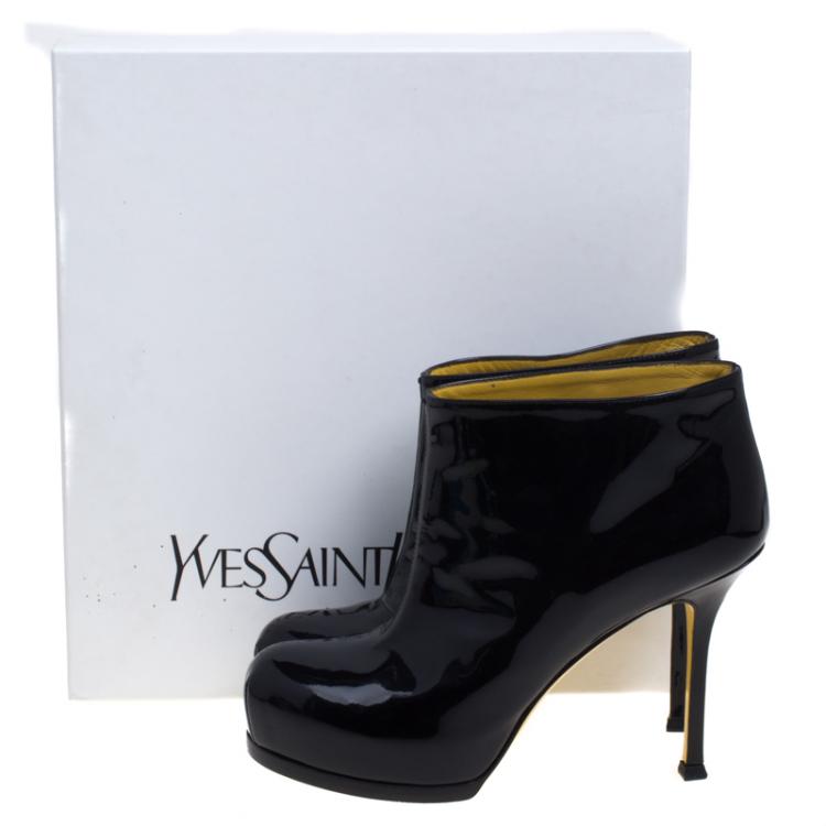 Pre Owned Saint Laurent Paris Black Patent Tribute Platform Ankle Boots Size 37