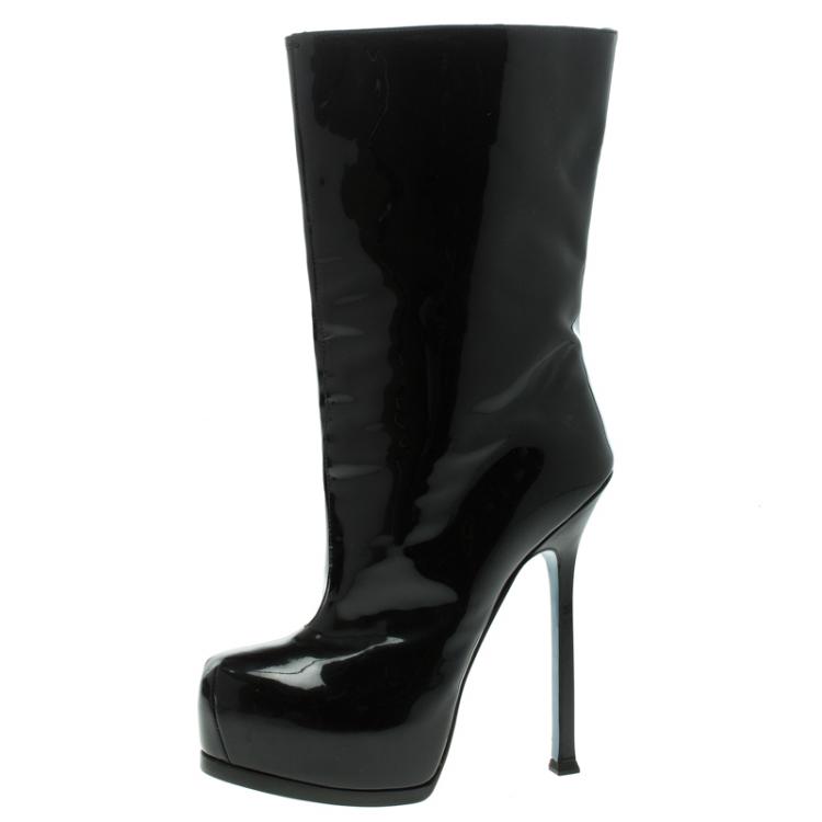 Pre Owned Saint Laurent Paris Black Patent Leather Tribtoo 105 Platform Ankle Boots Size 37.5