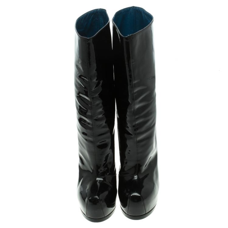 Pre Owned Saint Laurent Paris Black Patent Leather Tribtoo 105 Platform Ankle Boots Size 37.5