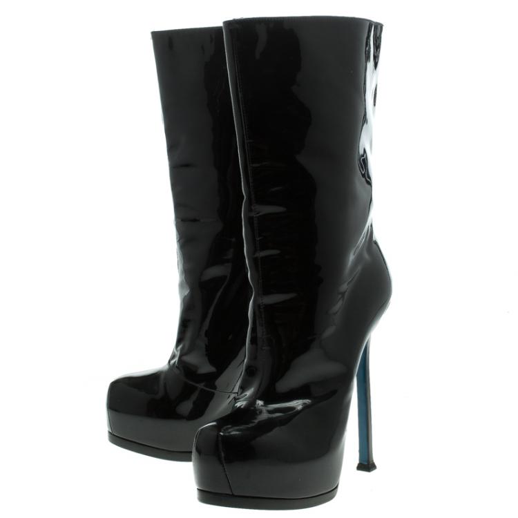 Pre Owned Saint Laurent Paris Black Patent Leather Tribtoo 105 Platform Ankle Boots Size 37.5