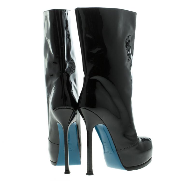 Pre Owned Saint Laurent Paris Black Patent Leather Tribtoo 105 Platform Ankle Boots Size 37.5