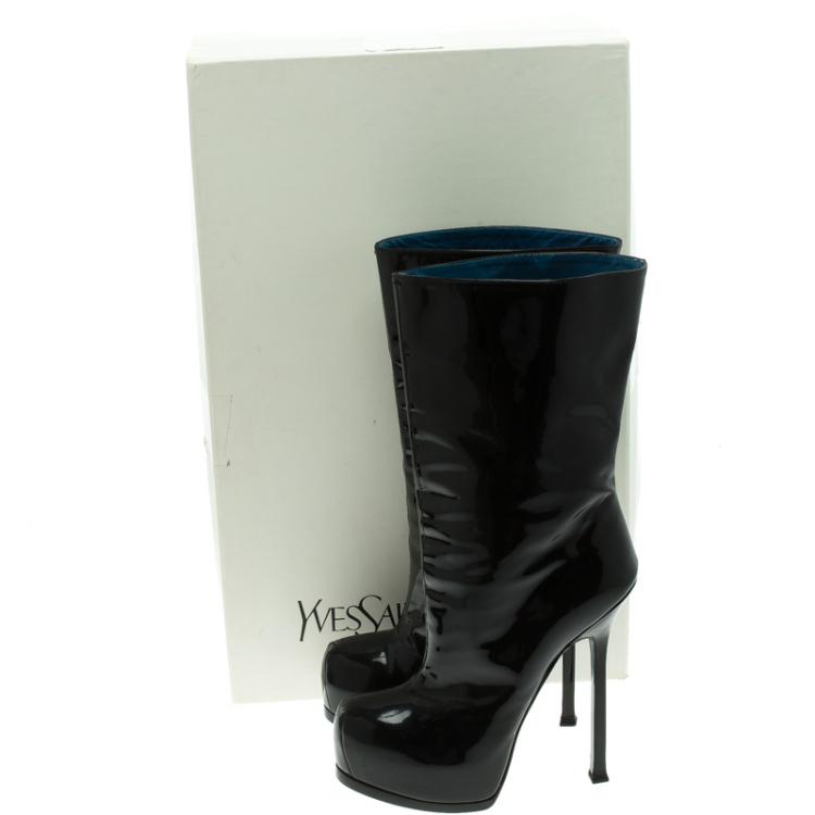 Pre Owned Saint Laurent Paris Black Patent Leather Tribtoo 105 Platform Ankle Boots Size 37.5