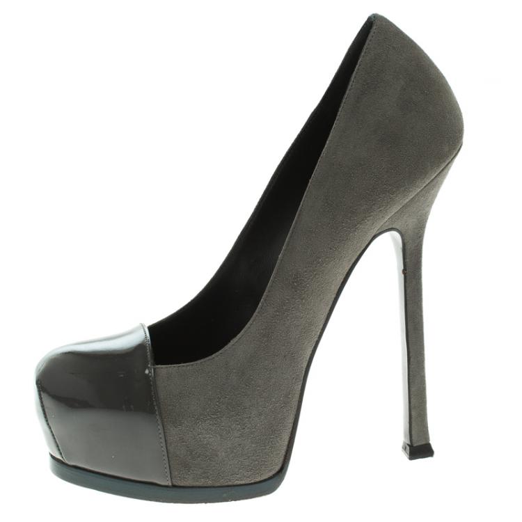 Pre Owned Saint Laurent Paris Grey Suede And Patent Leather Cap Toe Tribtoo Platform Pumps Size 35.5