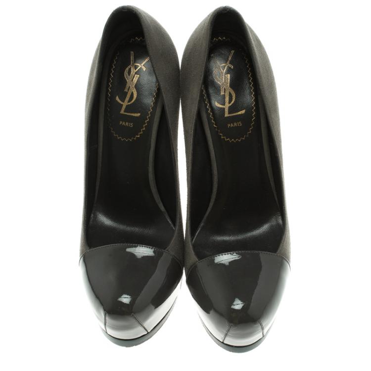 Pre Owned Saint Laurent Paris Grey Suede And Patent Leather Cap Toe Tribtoo Platform Pumps Size 35.5