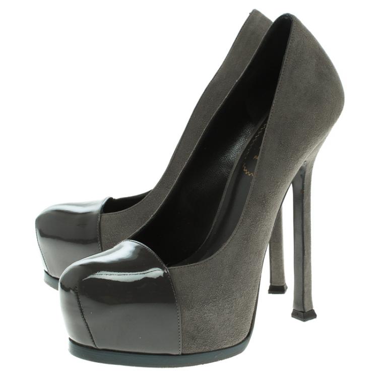 Pre Owned Saint Laurent Paris Grey Suede And Patent Leather Cap Toe Tribtoo Platform Pumps Size 35.5