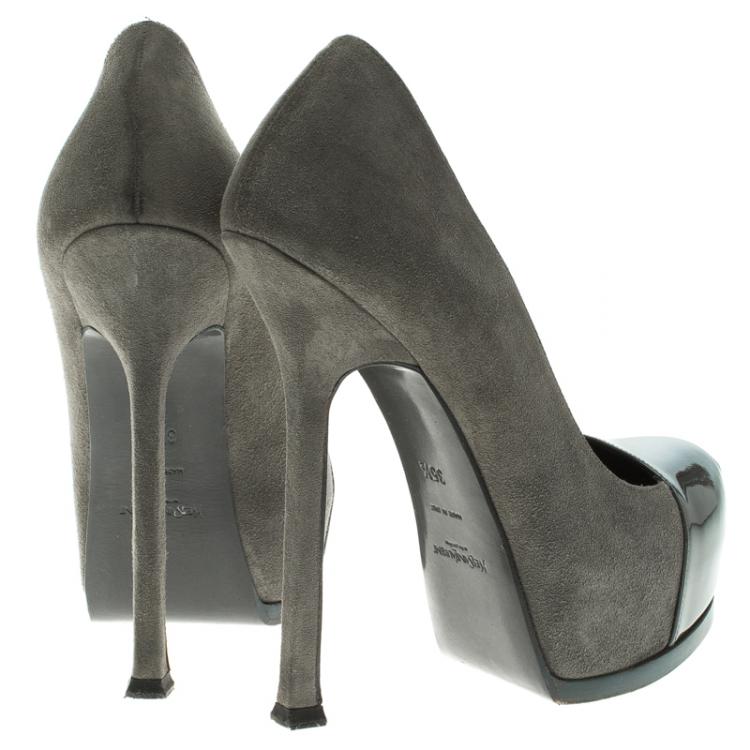 Pre Owned Saint Laurent Paris Grey Suede And Patent Leather Cap Toe Tribtoo Platform Pumps Size 35.5