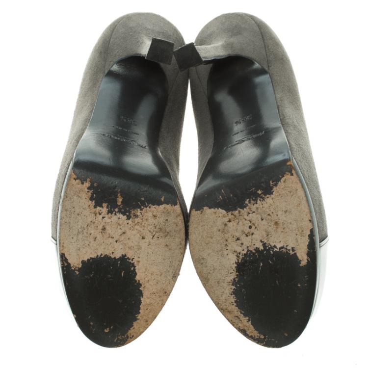 Pre Owned Saint Laurent Paris Grey Suede And Patent Leather Cap Toe Tribtoo Platform Pumps Size 35.5