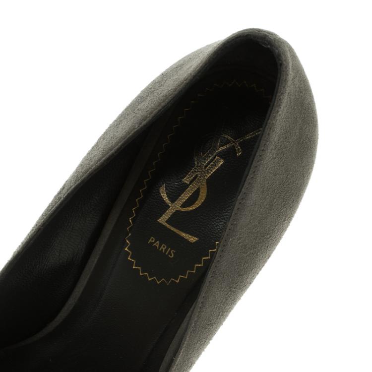 Pre Owned Saint Laurent Paris Grey Suede And Patent Leather Cap Toe Tribtoo Platform Pumps Size 35.5