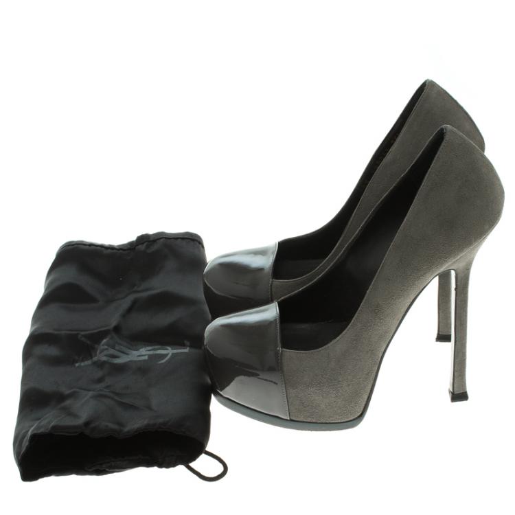 Pre Owned Saint Laurent Paris Grey Suede And Patent Leather Cap Toe Tribtoo Platform Pumps Size 35.5
