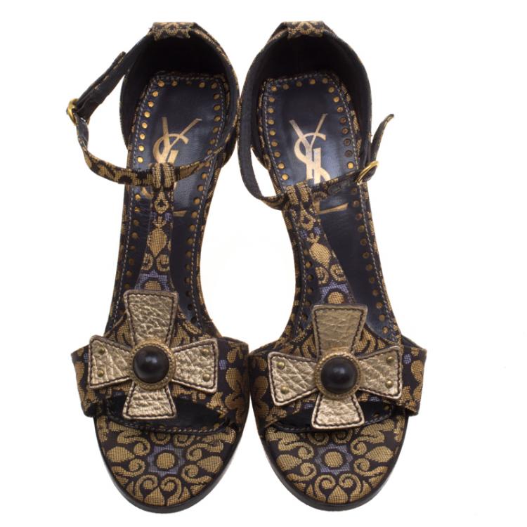 Pre Owned Saint Laurent Paris Gold Brocade T-Strap Sandals Size 39