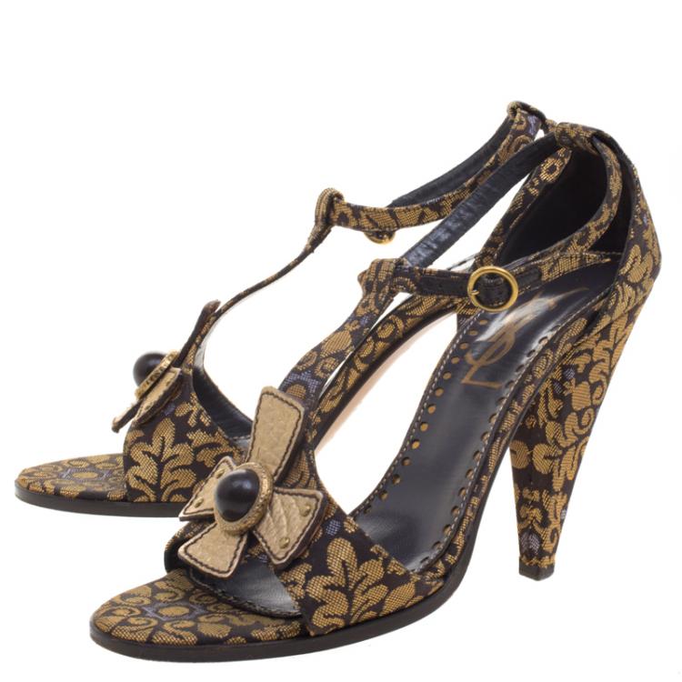 Pre Owned Saint Laurent Paris Gold Brocade T-Strap Sandals Size 39