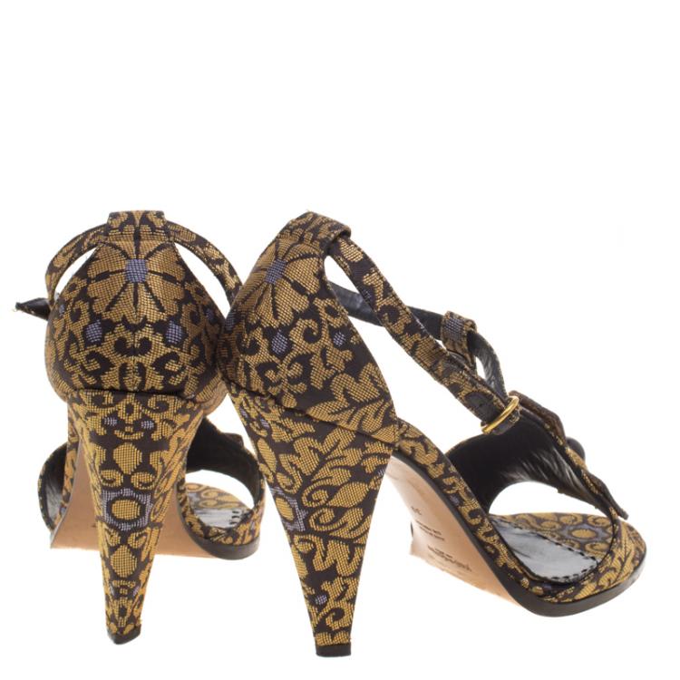 Pre Owned Saint Laurent Paris Gold Brocade T-Strap Sandals Size 39