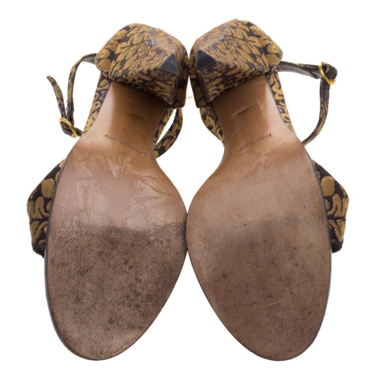 Pre Owned Saint Laurent Paris Gold Brocade T-Strap Sandals Size 39