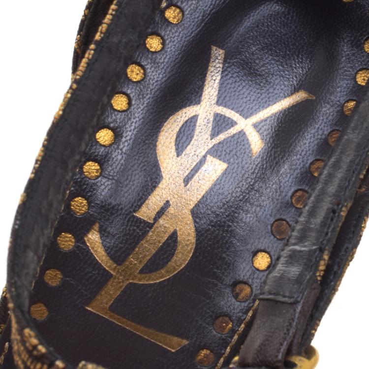Pre Owned Saint Laurent Paris Gold Brocade T-Strap Sandals Size 39
