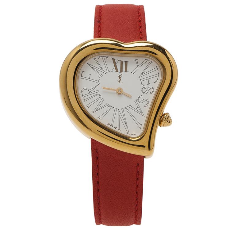 Pre Owned Saint Laurent Paris White Gold-Plated Steel Heart Women's Wristwatch 26MM