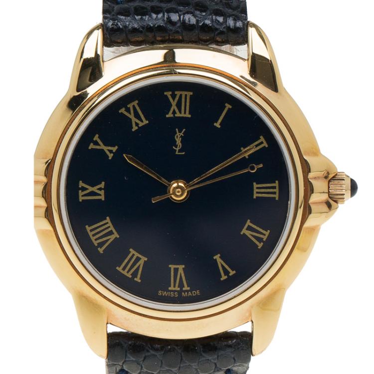 Pre Owned Saint Laurent Paris Blue Gold-Plated Stainless Steel Classic Women's Wristwatch 27MM