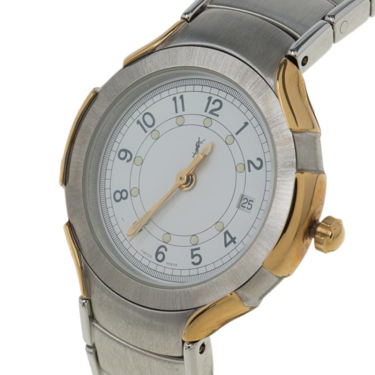 مملوكة مسبقًا Saint Laurent Paris White Gold-Plated Stainless Steel Classic Women's Wristwatch 28MM