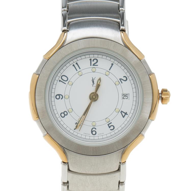 مملوكة مسبقًا Saint Laurent Paris White Gold-Plated Stainless Steel Classic Women's Wristwatch 28MM