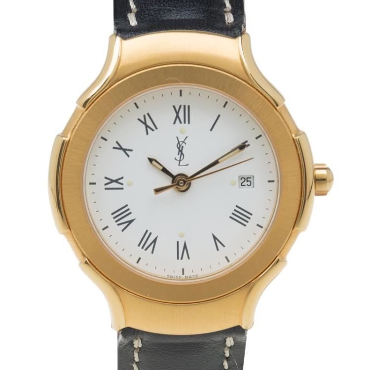 مملوكة مسبقًا Saint Laurent Paris White Gold-Plated Stainless Steel Classic Women's Wristwatch 28MM