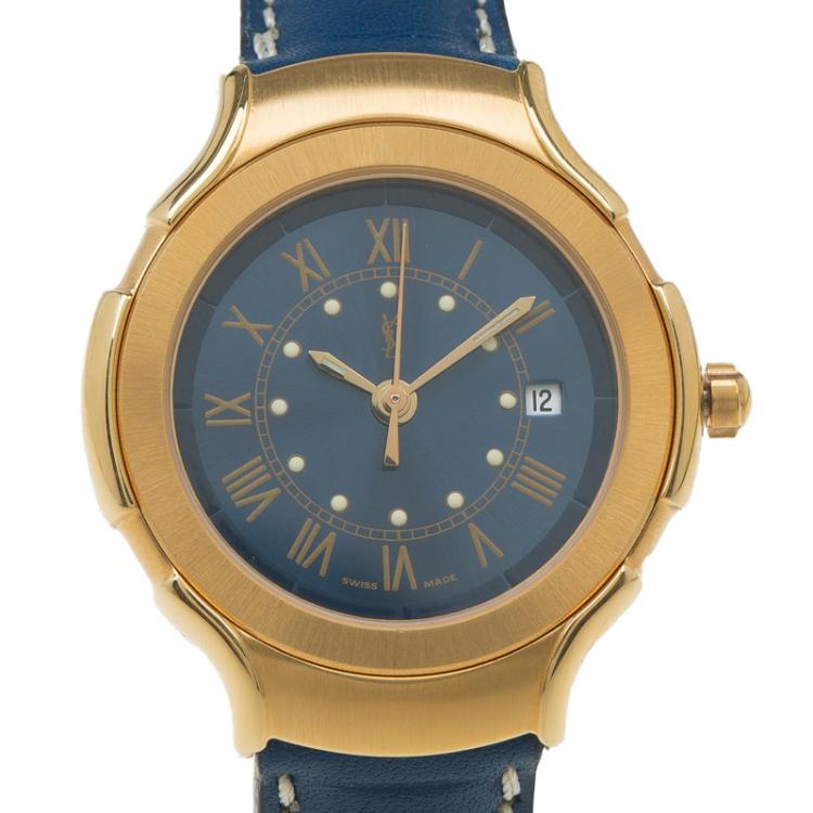 Pre Owned Saint Laurent Paris Blue Gold-Plated Stainless Steel Classic Women's Wristwatch 28MM