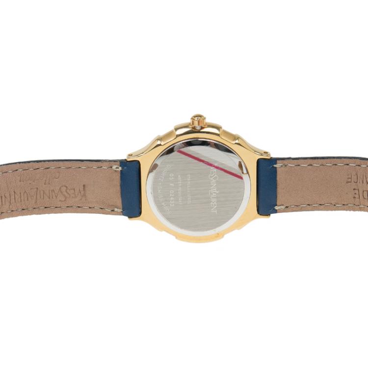 Pre Owned Saint Laurent Paris Blue Gold-Plated Stainless Steel Classic Women's Wristwatch 28MM