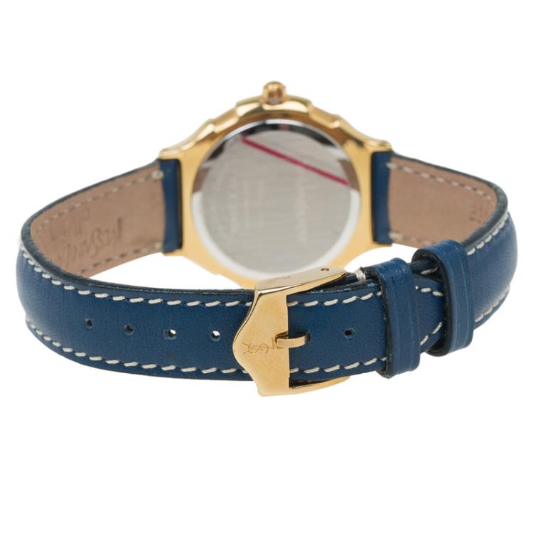 Pre Owned Saint Laurent Paris Blue Gold-Plated Stainless Steel Classic Women's Wristwatch 28MM